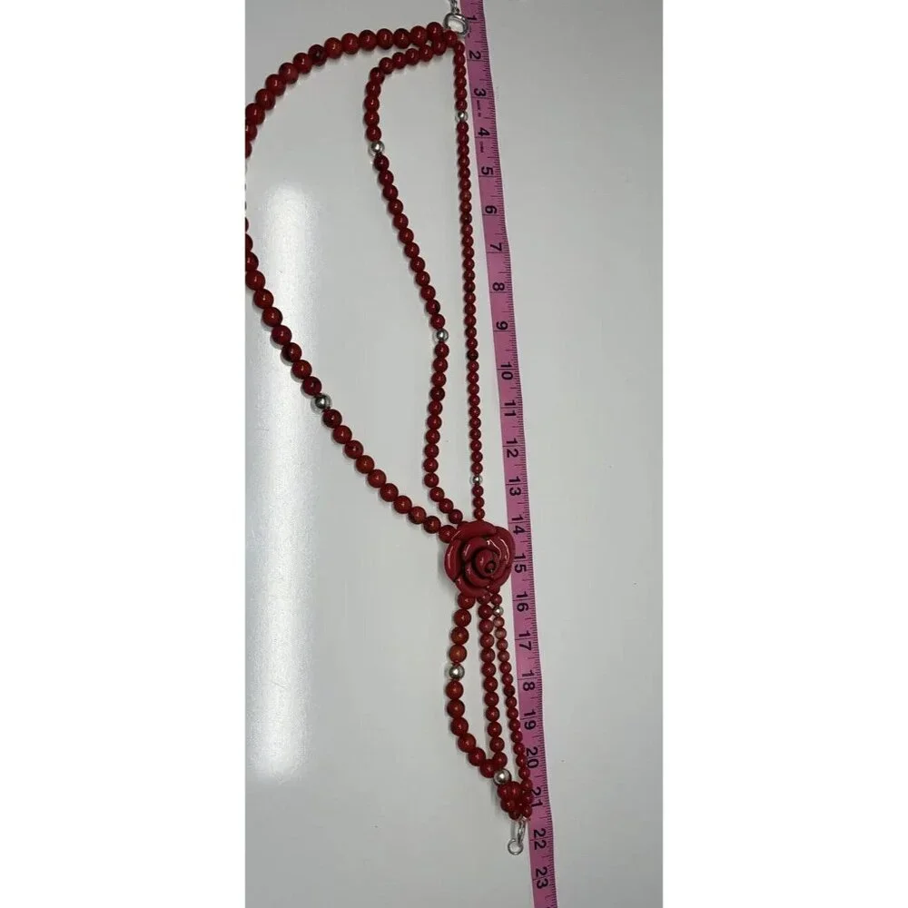 NECKLACE RED CORAL LOOK TRIPLE STRAND‎ FLOWER FUN FASHION COLLECTIBLE PLASTIC